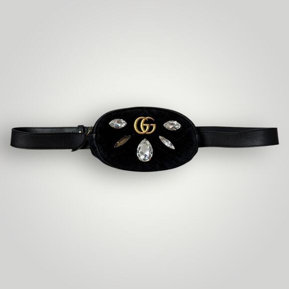 Gucci Black Crystal Matelassé Velvet GG Marmont Belt Bag - Picture 1 of 14